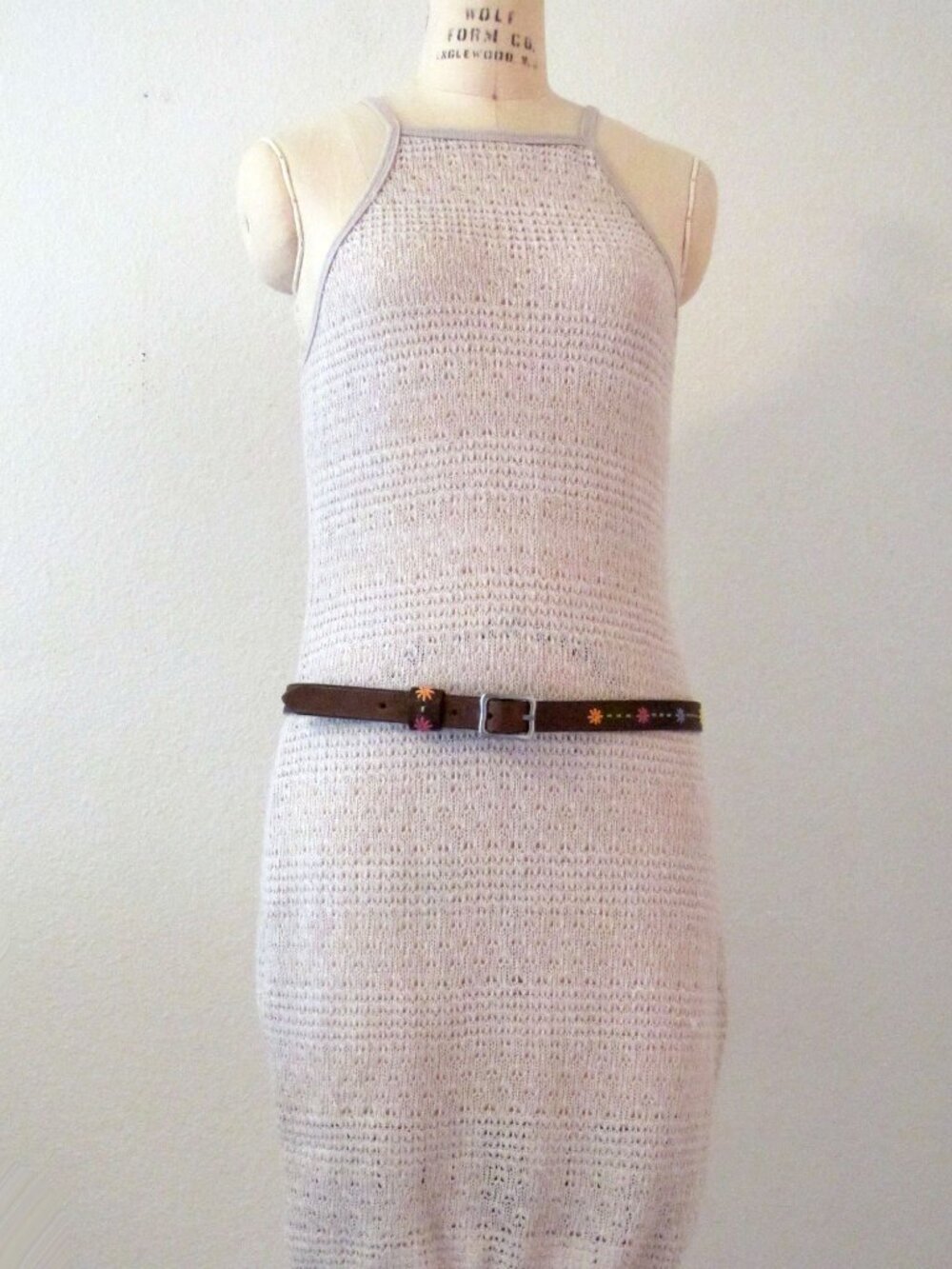 Narrow Brown Leather Belt with Floral Embroidery